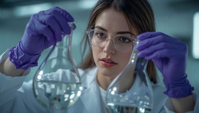 Young female scientist examining clear flasks with pipette, wearing purple gloves and glasses
