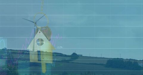 Hanging house-shaped key fob over rural farmland with brass key and financial chart overlay