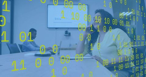 Businesswoman talking on phone smiling during boardroom meeting with binary code overlay