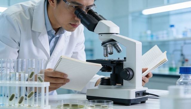 Scientist Examining Microscope While Taking Notes in Modern Laboratory with Petri Dishes