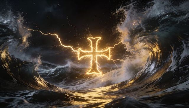 Hovering golden cross sparking electricity over dark stormy ocean waves at night