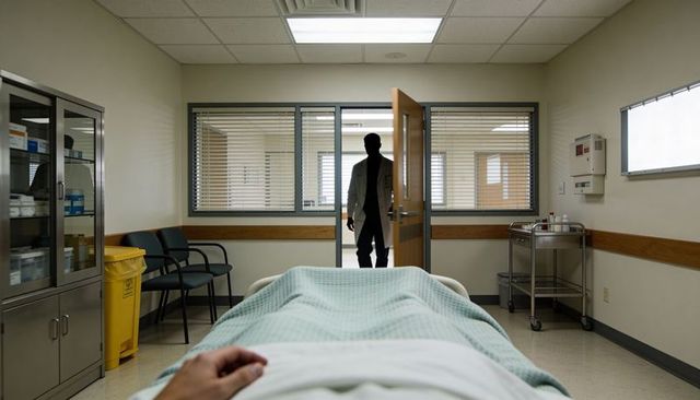 Patient lying on examination bed while clinician enters backlit clinic room