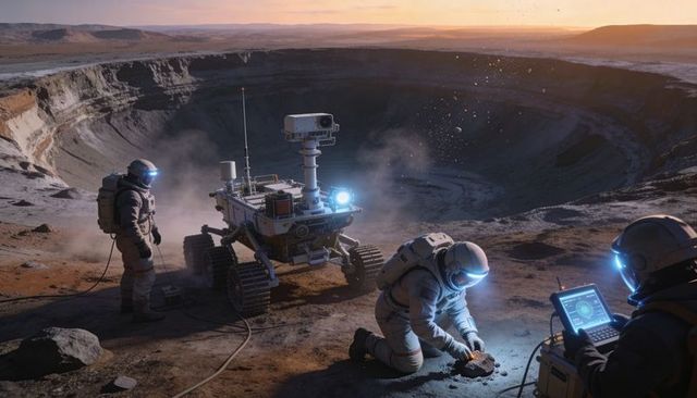 Astronauts Collecting Rock Samples at Crater Rim with Rover at Sunset, Spacesuit Science