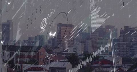 Urban Skyline Blending with Financial Data Overlay on Rain-Streaked Glass for Business Concept