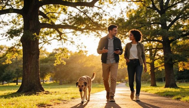 Young Couple Walking Dog at Golden Hour in Park Talking while Man Holding Smartphone