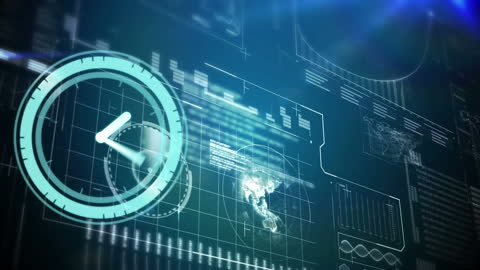 Futuristic Neon Clock with Data Interface Overlay