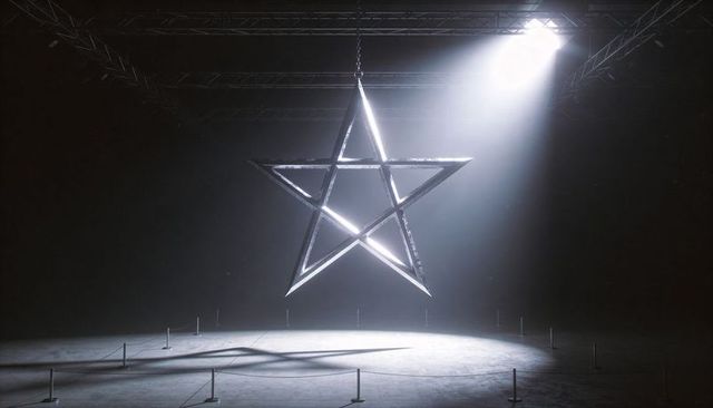 Hanging metallic five-point star sculpture suspended under spotlight in industrial void