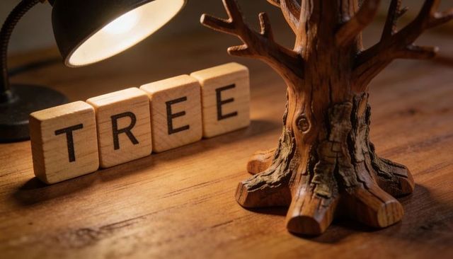 Carved wooden tree figurine with tree letter tiles under warm desk lamp on rustic table