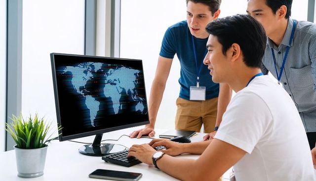 Young team analyzing global data on desktop monitor in bright modern office workspace