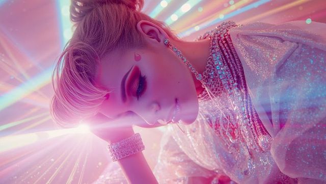 Futuristic glamour shot with neon lights and crystal jewelry