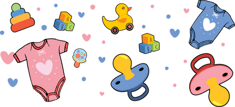 Transparent pattern featuring baby items pacifiers onesies duck and abc blocks