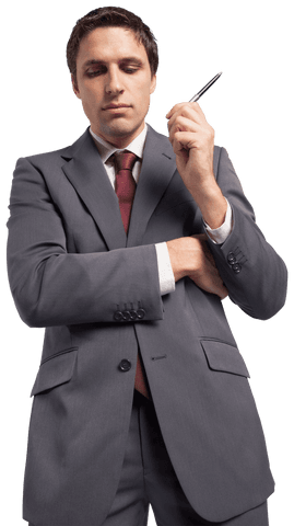Thinking Caucasian Businessman Contemplating with Pen on Transparent Background