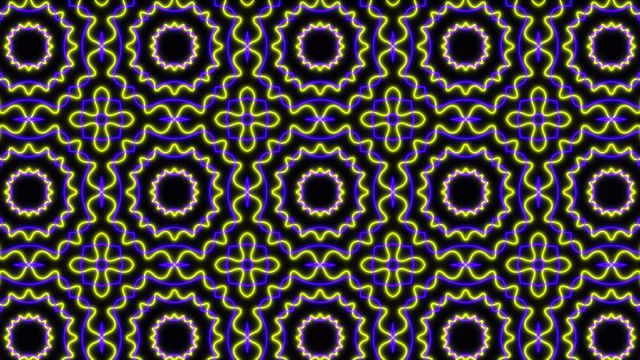 Psychedelic geometric patterns with neon glow animation featuring moving shapes. Ideal for retro-themed projects, abstract art backgrounds, video content related to visual effects, music videos, and creative design projects. Use this seamless loop for adding a vibrant and trippy background to your multimedia.