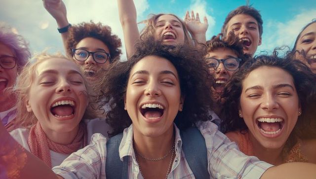 Cheerful diverse group of youths celebrating friendship outdoors
