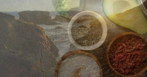 Blending coastal landscape and superfood ingredients in layered double exposure composition