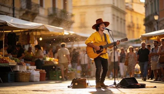 Sunlit street musician performing with acoustic guitar and microphone at lively market
