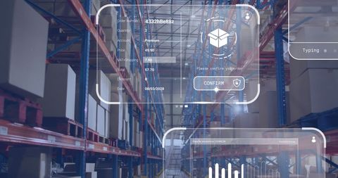 Digital data processing screens over warehouse shelves