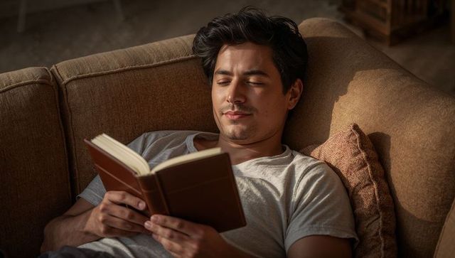 Young man relaxing on couch reading hardcover book in warm sunlight, cozy home lifestyle