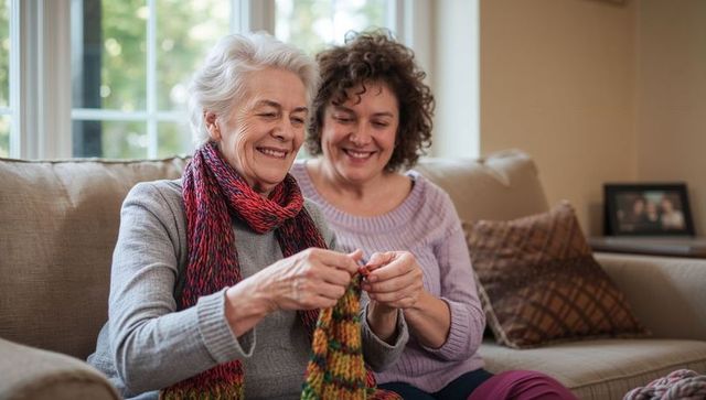 Senior woman and adult daughter knitting together on couch sharing warm smiles and yarn