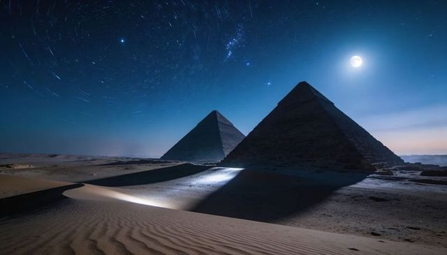 Nocturnal moonlit pyramids casting long shadows across desert dunes under star trails