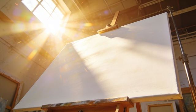 Blank canvas on wooden easel catching sunbeams in bright atelier with skylight flare