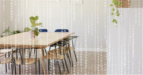 Showing minimalist conference table and chairs in workspace with binary code overlay