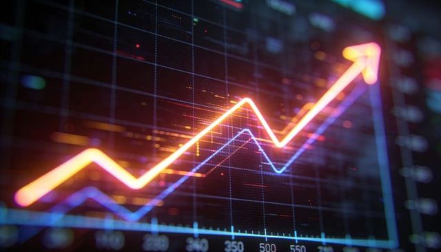Neon Rising Market Graph Tracing Glowing Orange and Blue Trend Lines with Arrow