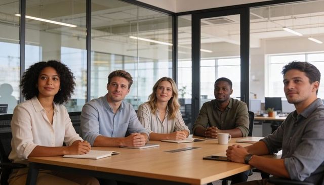 Business-casual team discussing strategy around conference table in glass-walled office