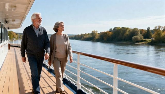 Active senior couple walking on river cruise deck enjoying scenic autumn waterfront