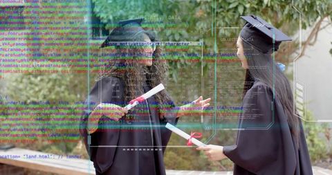 Graduates celebrating diplomas outdoors with digital data overlay representing STEM success