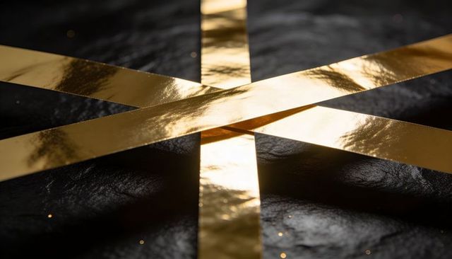 Crossing reflective gold foil strips on dark textured surface luxury abstract background