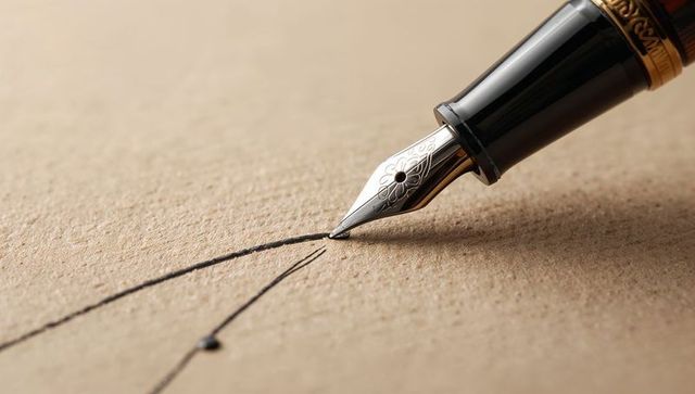 Luxury fountain pen nib drawing fine black ink line on kraft paper, macro detail close-up