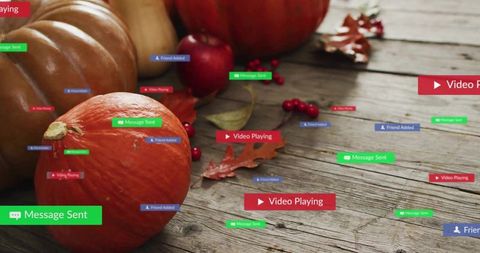 Autumn pumpkin scene with floating social media badges overlaying rustic wooden planks
