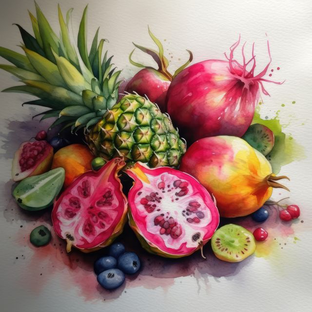 This vivid watercolor painting showcases a collection of exotic fruits including pineapple, pomegranate, kiwi, blueberries, and more. The bright and vibrant colors make the fruits look incredibly appealing and fresh. Perfect for use in art-focused publications, health and wellness blogs, kitchen décor, and any visual that aims to promote healthy eating. Can also be used in print and digital art, and for educational purposes about fruits.