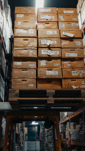 Forklift lifting stacked cardboard boxes onto pallet racks in warehouse vertical video