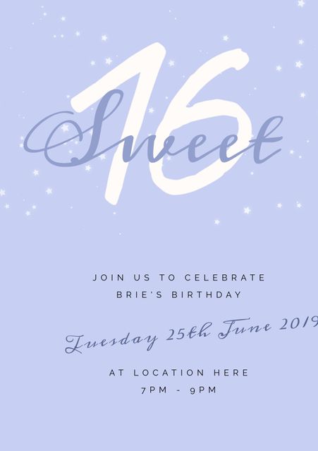 Elegant Sweet 16 birthday invitation featuring blue background, customizable for various events. Ideal for milestone celebrations like birthday parties, sweet sixteens, and other special occasions. Easily personalize with your own event details, date, and time.