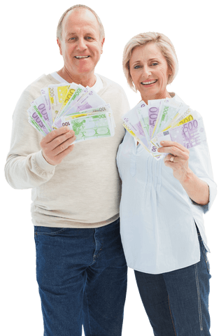 Senior Caucasian Couple Holding Euros on Transparent Background