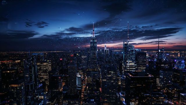 Dusk metropolis skyline glowing with spire-topped tower and digital network overlay