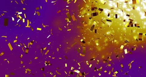 Falling gold confetti and curled ribbons over purple backdrop with golden light burst