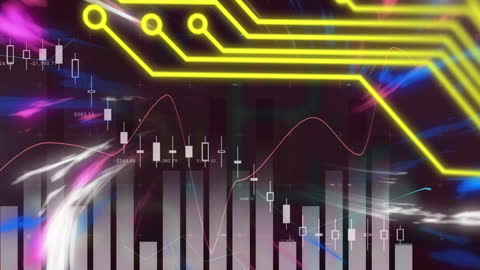 This video illustrates a futuristic digital data processing concept with vibrant elements like circuit board designs and animated charts. Use this visual for presentations on technological advancements, financial analytics, or innovation in data science.
