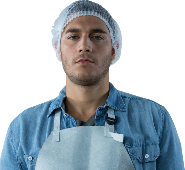 Confident Young Waiter in Denim Uniform and Transparent Hairnet - Download Free Stock Videos Pikwizard.com