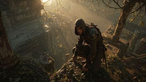Hooded assassin adventurer in ancient forest ruins at sunrise