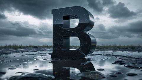 Large Marble Letter B in Moody Landscape with Water Reflections