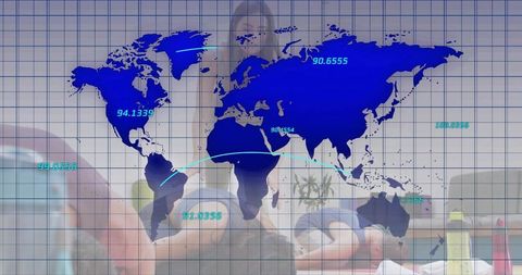 Global fitness analytics overlaying yoga studio with cyan grid, world map, numeric metrics