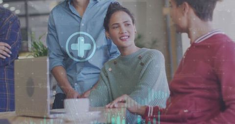 Diverse Team Collaborating with Financial Interface Overlay