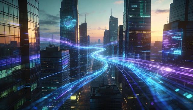 Neon Data Highways Weaving Through Futuristic Glass Tower City Skyline at Sunset