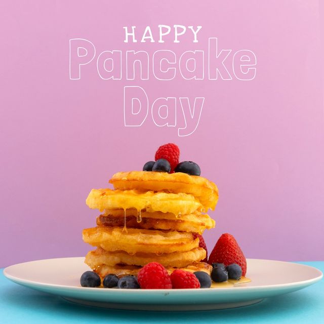 Happy pancake day text banner over a pancake in a plate against purple background. National pancake day awareness concept