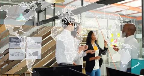 Multicultural team collaborating on glass wall with world map overlay, brainstorming notes