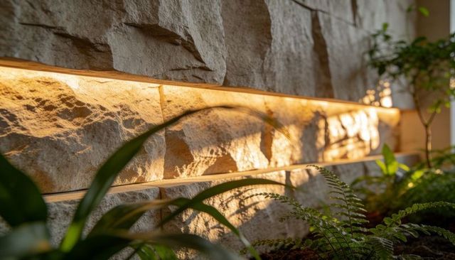 Amber led strip lighting casting warm glow on textured stone wall with indoor greenery