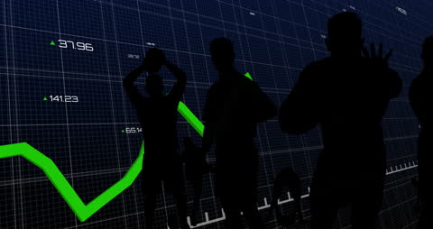 Silhouetted Rugby Players with Financial Data Background